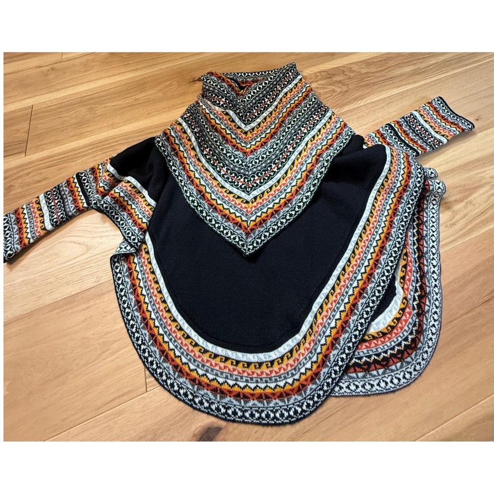 Knit Geometric Fair Isle Cowl Neck Poncho Women OS Black Orange Boho Cape